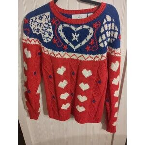 Vintage Design Options Ladies Red White & Blue Heart Ramie Cotton Sweater Sz M